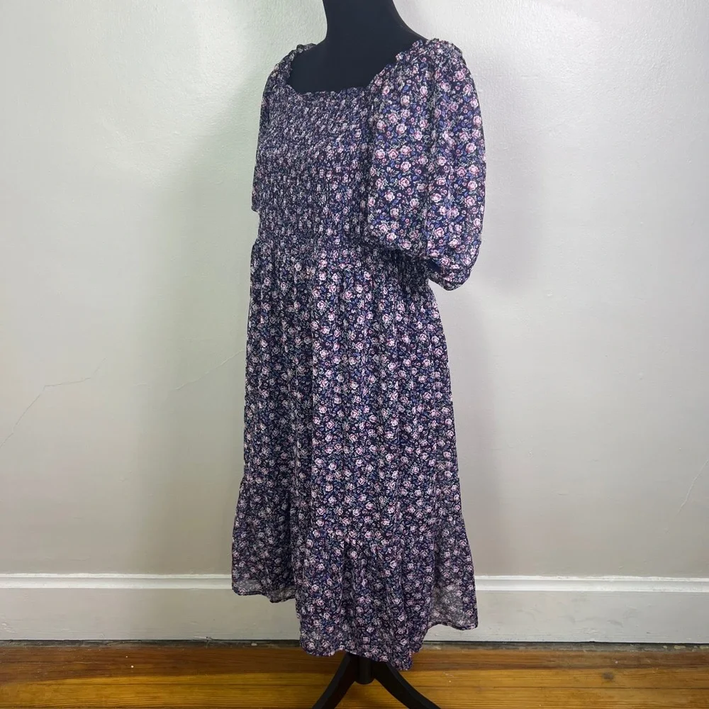 Lauren Conrad Floral Midi Dress XXL Square Neck Smocked Pink Blue - Picture 3 of 9